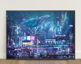 Cyberpunk City Poster | Futuristic City Wall Art | Game Canvas Print