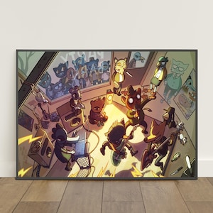 May include: A framed art print depicting a band of cartoon animals performing music in a room. The illustration uses warm colours and dynamic poses. The band includes characters playing guitars, drums, and singing into a microphone, creating a lively scene.