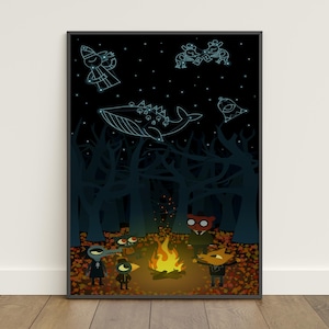 May include: Framed art print depicting a forest scene at night with a campfire and cartoon characters. Above, constellations of a whale, a wizard, and other figures are shown. The artwork has a dark colour palette with orange and yellow accents.