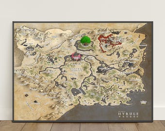 Legend of Zelda Map Poster | Hyrule Map Wall Art | Game Canvas Print
