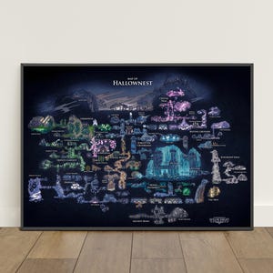 May include: A framed map of Hallownest, a fictional world. The map is detailed with various locations in shades of blue, green, purple, and white against a dark background. The title "MAP OF HALLOWNEST" is at the top. The map is in a black frame.