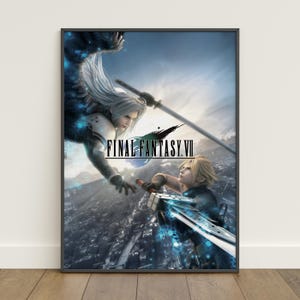 Peut inclure: Une affiche encadrée présentant une œuvre d'art de Final Fantasy VII. L'image représente deux personnages dans une pose dramatique, l'un tendant la main vers l'autre. Le titre "FINAL FANTASY VII" est bien en évidence. L'œuvre a une palette de couleurs sombres et dramatiques.