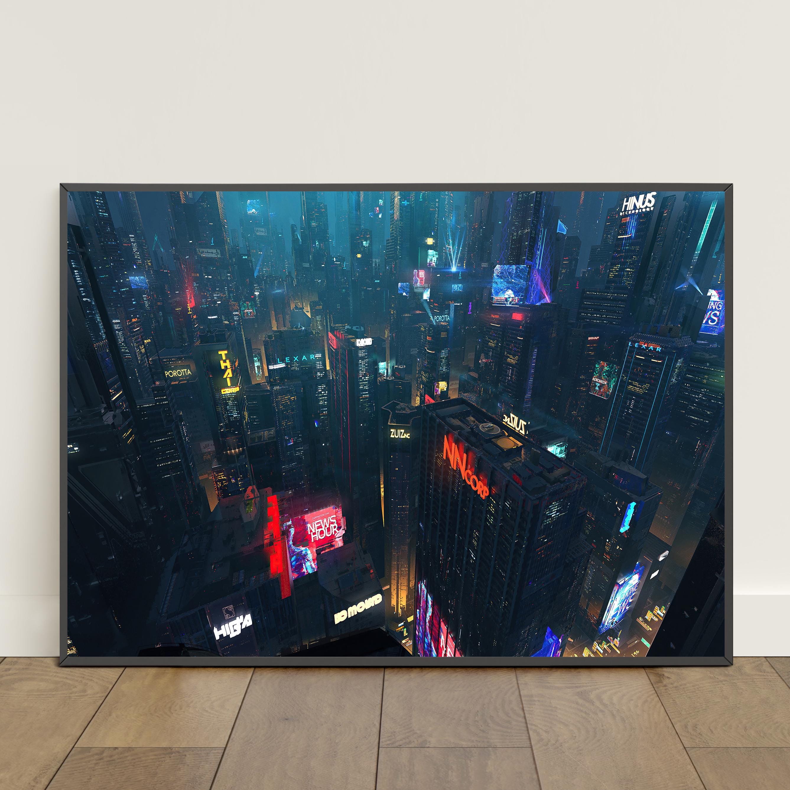 Cyberpunk City Poster | Futuristic City Wall Art | Game Canvas Print ...