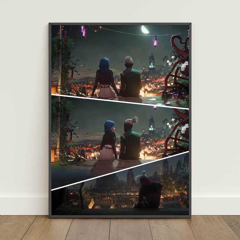 May include: Framed art print featuring a split-panel illustration of two figures overlooking a cityscape at night. The top panel shows a couple, the middle panel repeats the couple, and the bottom panel shows a lone figure. The scene is lit by city lights and a crescent moon.