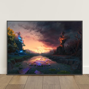 May include: A framed fantasy landscape print featuring a river leading to a sunset. The artwork depicts a glowing structure on the left and a fiery rock formation on the right. The sky is a mix of orange, purple, and dark clouds.