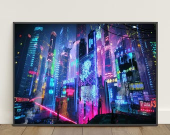 Cyberpunk City Poster | Futuristic City Wall Art | Game Canvas Print #2