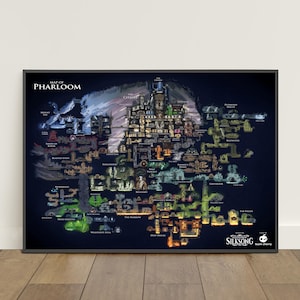 Op de afbeelding: Een rechthoekige wandposter met de kaart van Pharloom uit Hollow Knight Silksong. De donkerblauwe kaart toont diverse onderling verbonden regio's, oriëntatiepunten en paden in levendige kleuren, inclusief de speltitel en het Team Cherry logo.