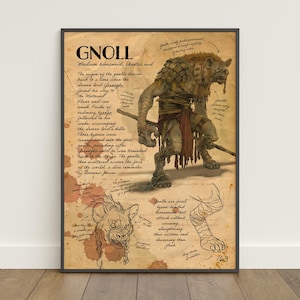 May include: A framed print depicting a Gnoll, a medium humanoid creature, with detailed illustrations and text. The artwork includes sketches and anatomical diagrams, with the word "GNOLL" at the top. The print has a vintage, aged paper appearance, suitable for a study.