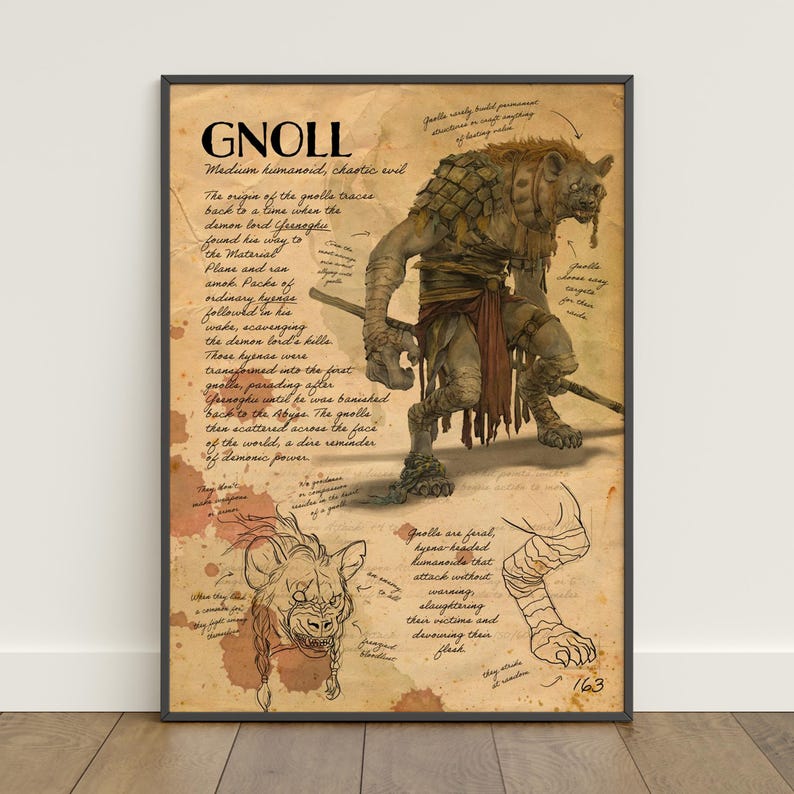 May include: A framed print depicting a Gnoll, a medium humanoid creature, with detailed illustrations and text. The artwork includes sketches and anatomical diagrams, with the word "GNOLL" at the top. The print has a vintage, aged paper appearance, suitable for a study.