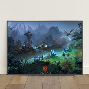May include: A framed print of a fantasy landscape with a dragon, figures, and the "DOTA 2" logo. The artwork features a dark, misty environment with mountains, structures, and characters engaged in battle, with a color palette of blues, greens, and browns.