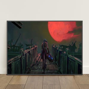May include: A framed print depicts a figure walking across a bridge towards a large red moon. The bridge has ornate railings and leads to a dark, ominous landscape. The artwork is set against a night sky.