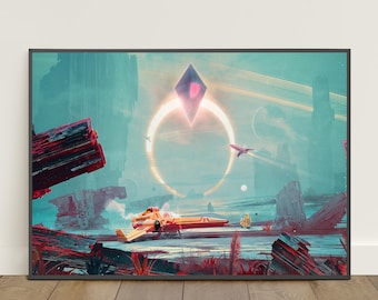 May include: A framed art print depicting a science fiction landscape. The artwork features a red and orange spaceship on a planet with a large ringed planet in the background. The color palette includes teal, red, and orange.