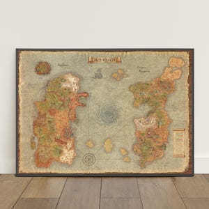 May include: A framed map of Azeroth, featuring the continents of Kalimdor and the Eastern Kingdoms. The map has a vintage aesthetic with a parchment-like background and detailed illustrations of the land. The frame is dark brown.