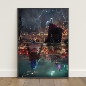 May include: A framed art print featuring a person with white hair and a red hood, seated and looking at a reflection of a figure with blue hair. The reflection is in a body of water, with a cityscape backdrop and a purple light.