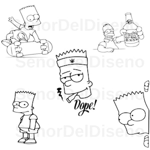 Puede incluir: Ilustraciones en blanco y negro de línea de varios personajes del programa de televisión animado Los Simpson. Los personajes se representan en diferentes poses, incluyendo patinar, beber cerveza y fumar. Las ilustraciones son de estilo de dibujos animados y presentan la piel amarilla icónica y las características exageradas de los personajes de Los Simpson.