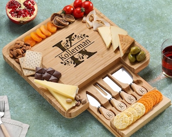 Engagement Gifts for Couples, Custom Engraved Bamboo Cheese and Charcuterie Board Set - Personalized Board Gift for Weddings, Christmas