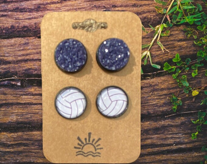 Navy Blue druzy and volleyball cabachon earrings.
