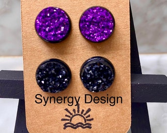 Druzy earrings 12mm stud earrings purple black glitter druzy earrings