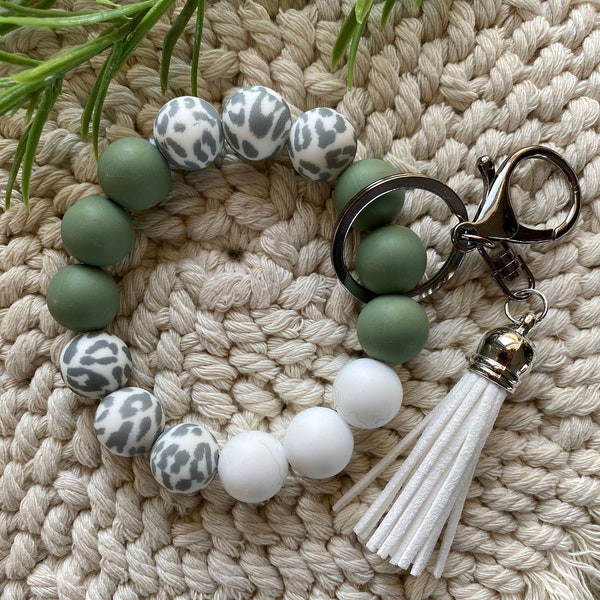 Wristlet Keychain - Green, white, leopard stretchy keychain, custom keychain, silicone beaded bracelet keychain, boho bracelet