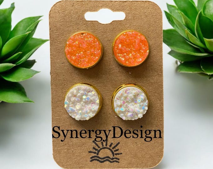 Druzy earrings 12mm stud earrings Orange and White  glitter druzy earrings