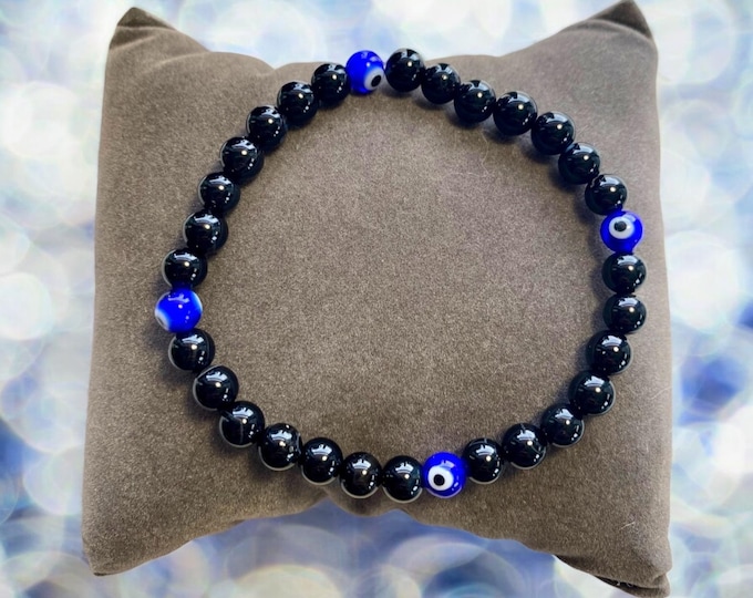 Evil Eye Protection Bracelet- 6mm black tourmaline bead bracelet-Energy Protection- healing crystals and stones