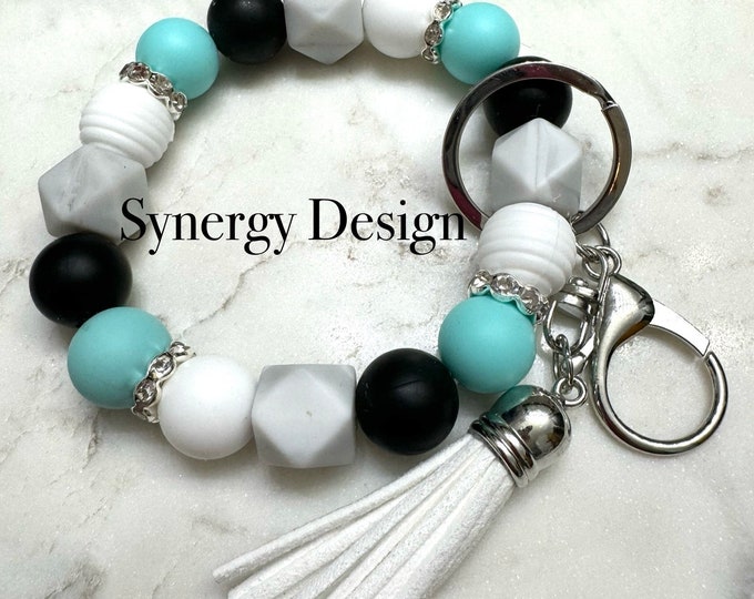 Wristlet keychain-Aqua, black and grey design