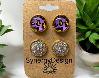 Druzy earrings 12mm stud earrings purple leopard resin studs Champaign glitter druzy earrings