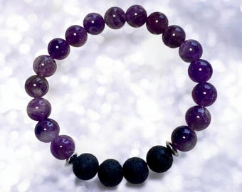 Amethyst and Lavastone Bracelet-amethyst Jewelry/elastic bracelet/healing crystal bracelet/chakra stone /amethyst beads