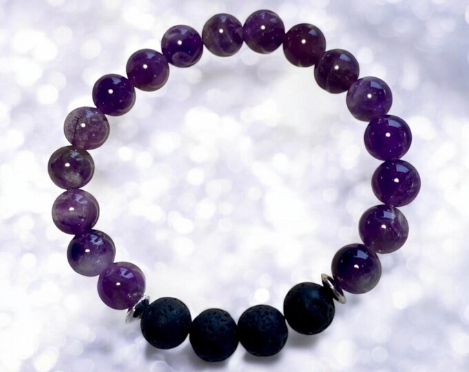 Amethyst and Lavastone Bracelet-amethyst Jewelry/elastic bracelet/healing crystal bracelet/chakra stone /amethyst beads