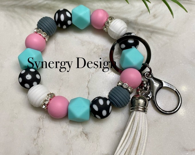 Wristlet keychains- stretchy keychain/custom keychain/silicone beaded keychain/mint/pink/polka dot