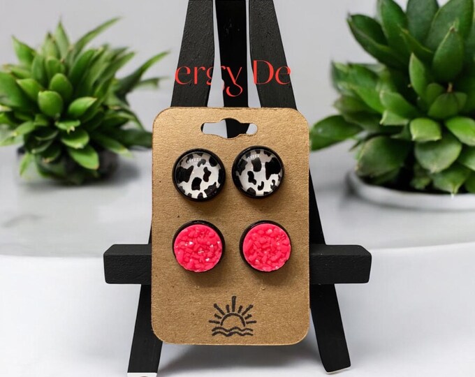 Druzy Earrings 12mm druzy studs hot pink druzy cow print resin earrings