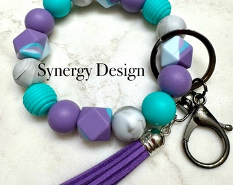 Wristlet keychain- Purple and teal design
