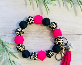 Wristlet Keychain- Wild at Heart hot pink and leopard