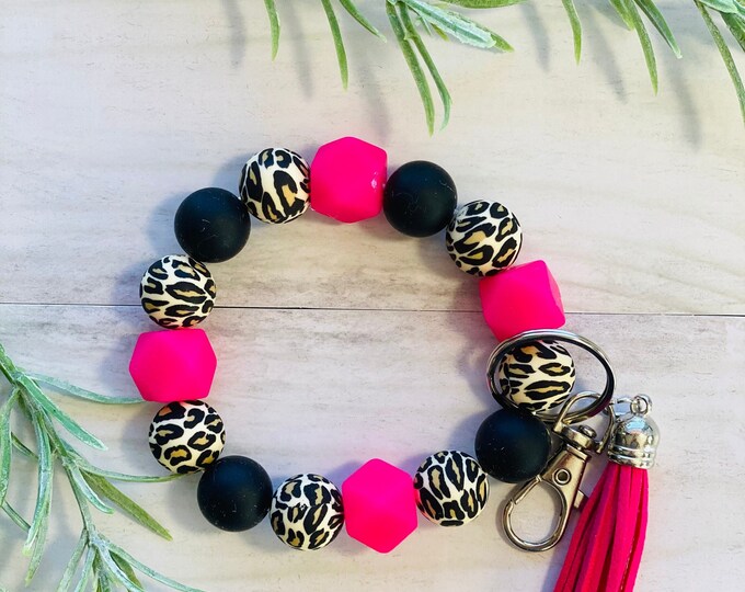 Wristlet Keychain- Wild at Heart hot pink and leopard