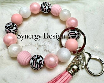 Wristlet keychains- Pink shimmer, pearl and pink leopard design