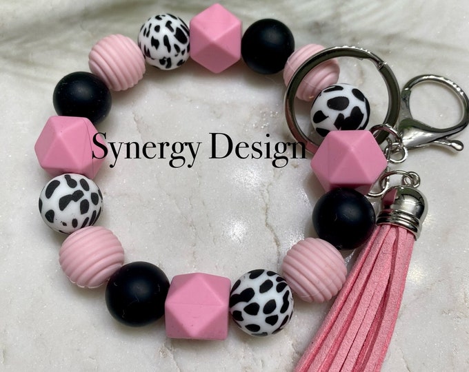 Wristlet keychains- Pink cow design