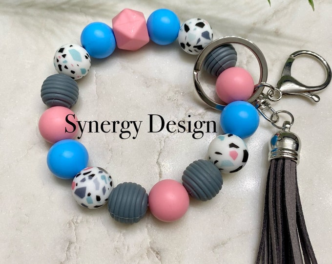 Wristlet keychains- White terazzo with pink and blue design