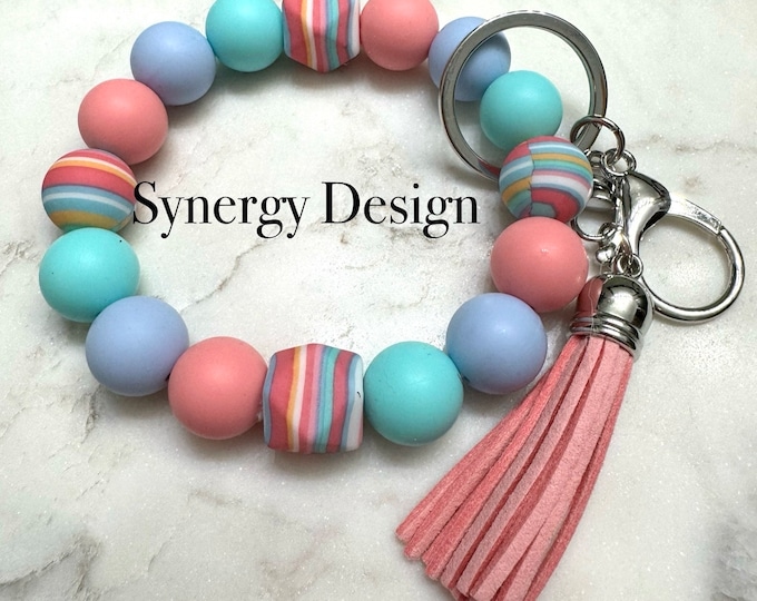 Wristlet keychains- Pink, mint, striped design
