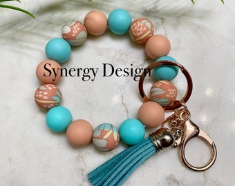 Wristlet Keychain- Boho mauve and aqua flower design