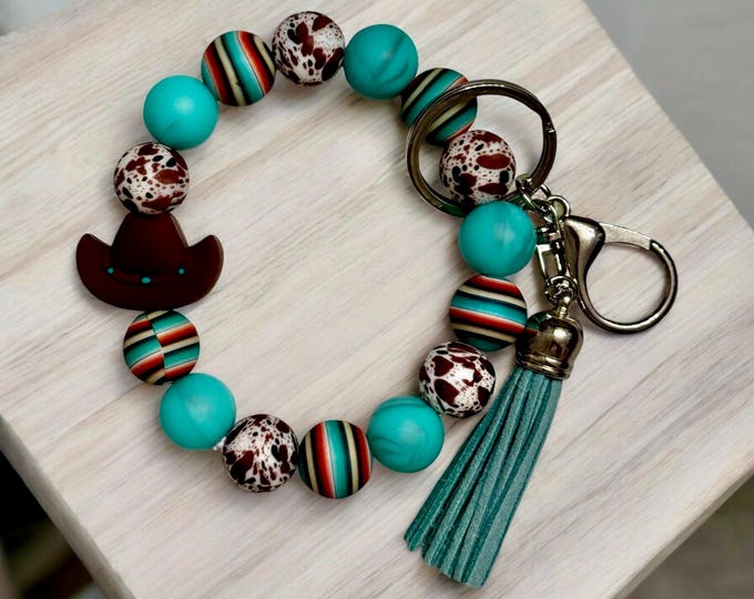 Wristlet Keychain- Western turquoise and serape with cowboy hat