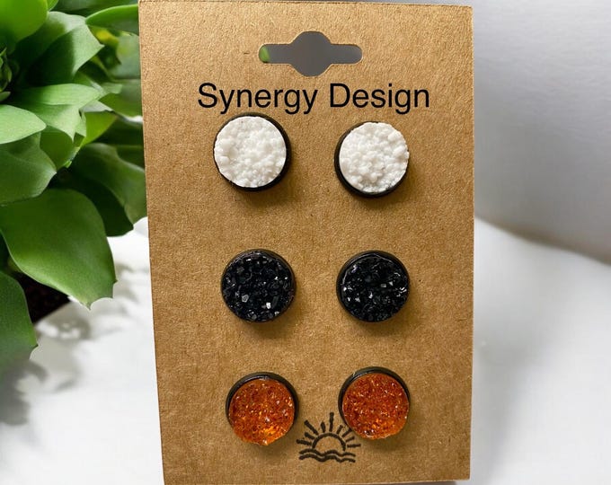 Druzy Earrings 12mm druzy studs orange white black druzy earrings. Halloween fun