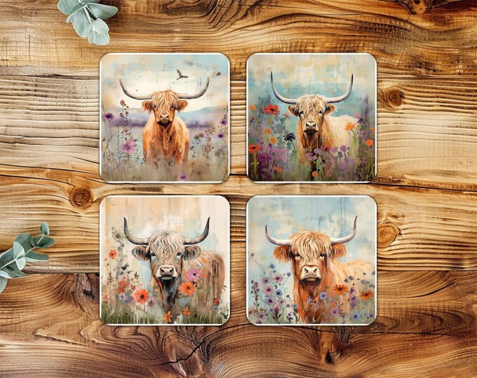 Highland Cow Ceramic Coasters, set of 4 with cork backing