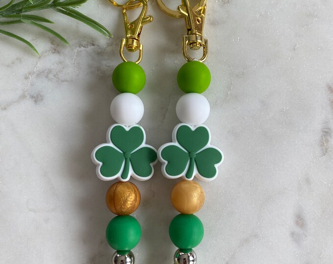 Lucky Clover Silicone Beaded Keychain, St. Patrick's Day, 3 Leaf Clover Keychain, Gold, Green.