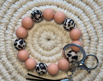 Wristlet keychain- Boho Peach and leopard