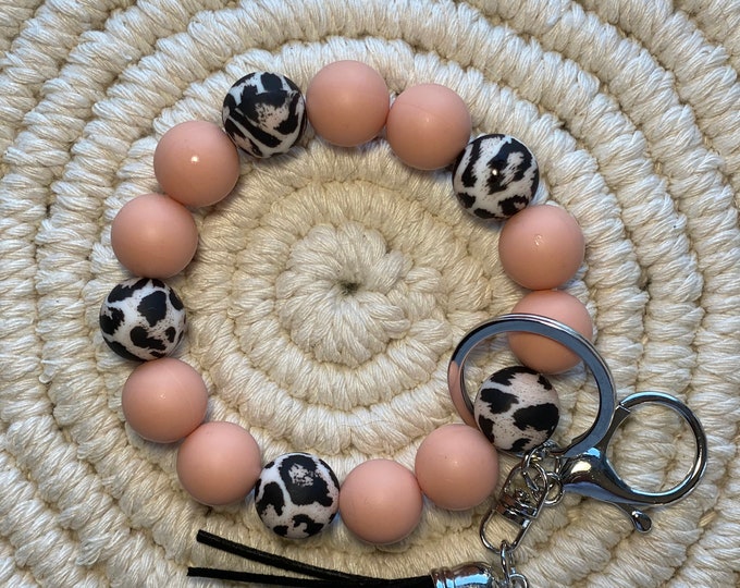 Wristlet keychain- Boho Peach and leopard
