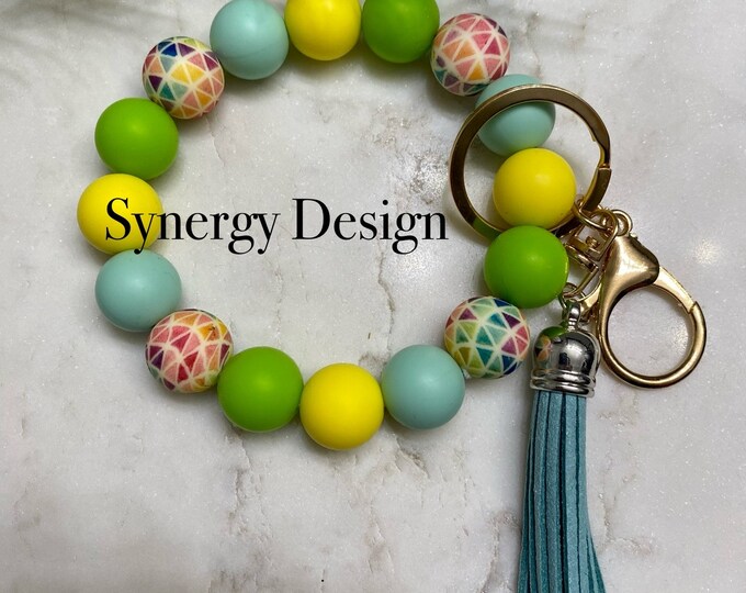 Wristlet keychains- Retro triangle green, yellow and aqua