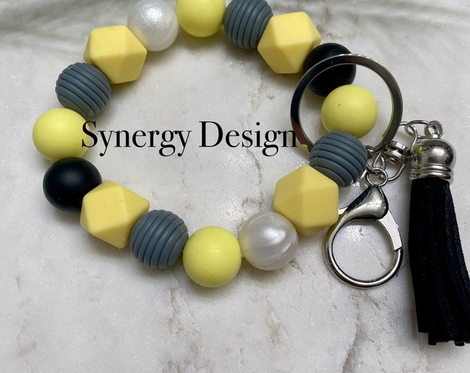Wristlet keychains- Yellow, grey and pearl design