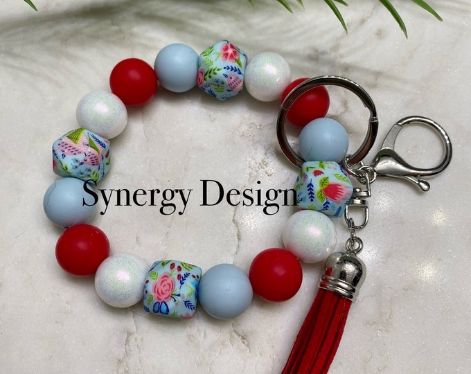Wristlet keychains- Red, light blue, white shimmer and blue floral design