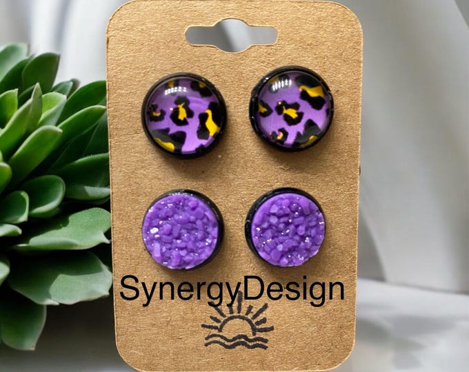 Druzy earrings 12mm stud earrings Purple druzy purple leopard resin stud earrings
