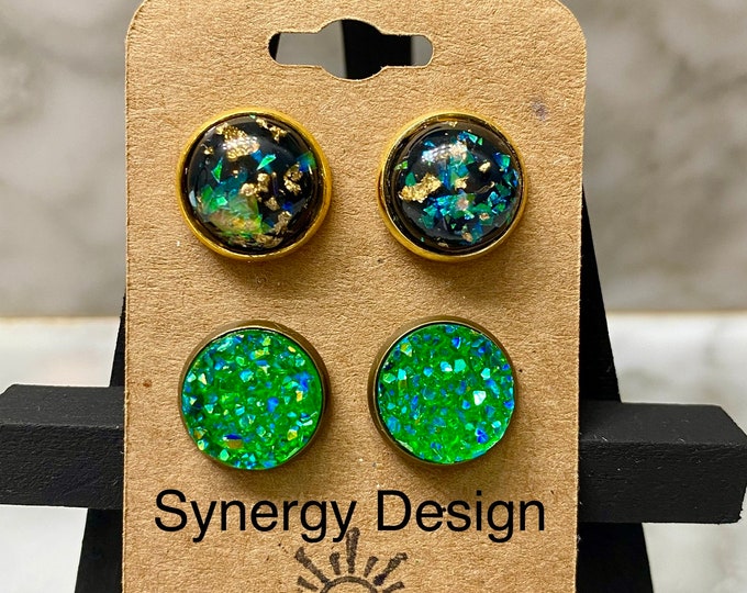 Druzy earrings 12mm stud earrings green gold black resin studs green  druzy earrings